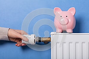 Person`s Hand Adjusting Thermostat