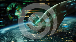 a personâs hand controls information flows, stock charts, computer program codes, video content streams