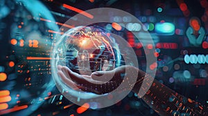 a personâs hand controls information flows, stock charts, computer program codes, video content streams