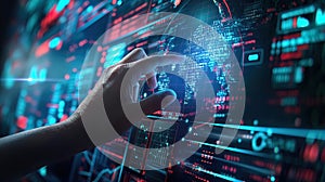 a personâs hand controls information flows, stock charts, computer program codes, video content streams