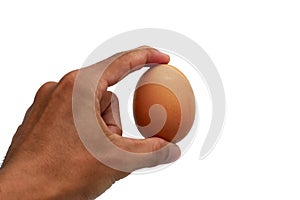 A person's hand holding a single brown chicken egg isolated on a white background.