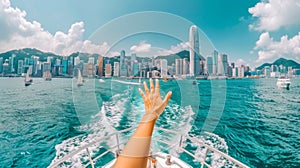 A person's hand reaching out of a boat on the water, AI