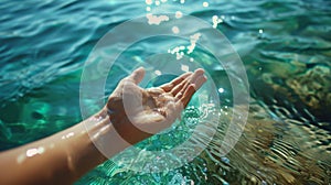 A person& x27;s hand reaching out to the water in a clear blue ocean, AI