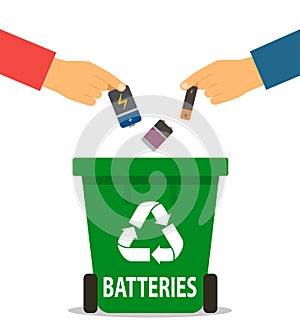 The person`s hand throws the used batteries into the recycling container. concept of garbage processing. Vector illustration in a