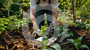 Person& x27;s hands in gloves planting sprouts while working in the garden. Ecology concept. AI Generated