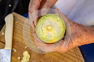 A person's hands holding an ear of fresh corn.