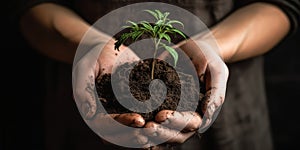 A person\'s hands holding potting soil close up