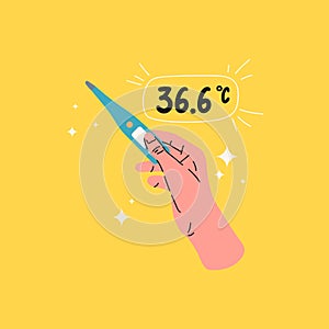 A person's hands are holding a thermometer. Isolated illustration on a yellow background. Template for the design.