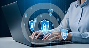 Person typing on laptop with digital security shields and data streams