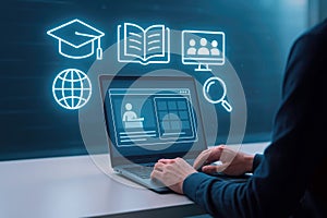 Person using laptop with glowing online education icons and interface computer online learning