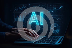 Person's hands typing on a laptop displaying glowing ai text and digital data visualizations