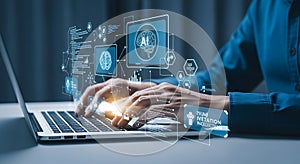 Person typing on laptop with AI and data visualization interface artificial intelligence