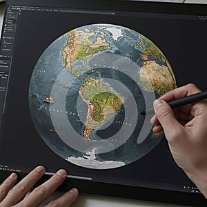 A person's hands work on a digital globe using a stylus on a tablet.
