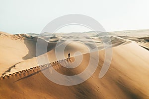 Person on sand dune in desert sunset of Huacachina, Ica, Peru, South America