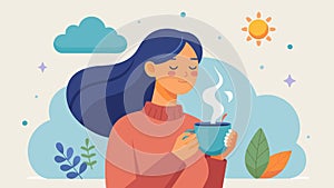 A person savors a cup of tea noticing the temperature aroma and calming sensations as they slowly sip each sip.. Vector photo