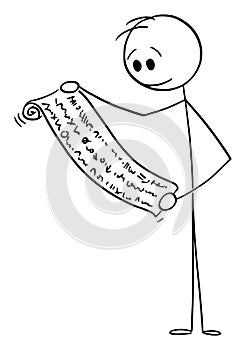 Person or Scientist Reading Ancient Scroll , Vector Cartoon Stick Figure Illustration