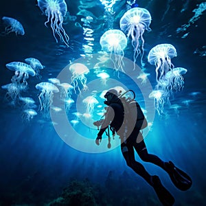 a person scuba diving in a lake filled with glowing jellyfish