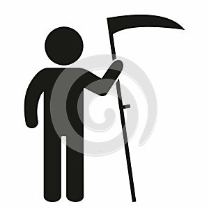 Person with scythe , farmer, male, haymaking, black silhouette, web vector icon, symbol