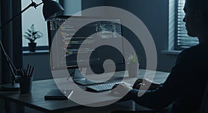 A person is seated at a desk working on a computer displaying code. The