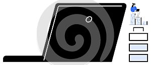 Person Working on Laptop with Blue Charts and Data Visualization Elements