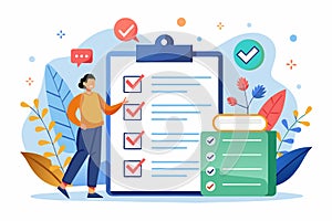 A person is seen filling out a checklist on a clipboard in a customizable semi-flat illustration, Personal goals checklist