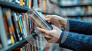 Person selecting a book from library shelves