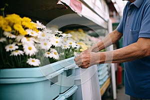 person selecting the freshest daisies from a floral cooler