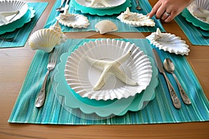 person setting a table with turquoise placemats, white starfish decorations, and shellshaped dishes