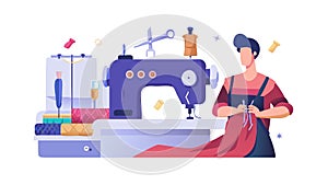 Person sewing fabric with a sewing machine, vector design Generative AI