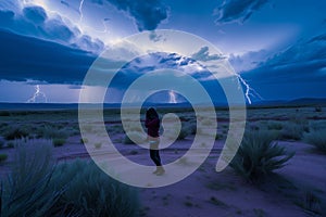 person shielding face, walking through desert lightning storm