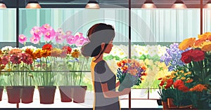 person in a shop. girl collecting flowers in a bouquet