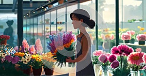 person in a shop. girl collecting flowers in a bouquet