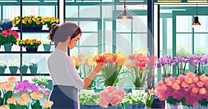 person in a shop. girl collecting flowers in a bouquet