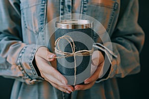 person showcasing reusable drinkware as gifts, with minimal twine decoration