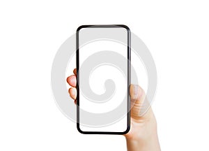 Person showing phone with empty white screen. Mobile app mockup.