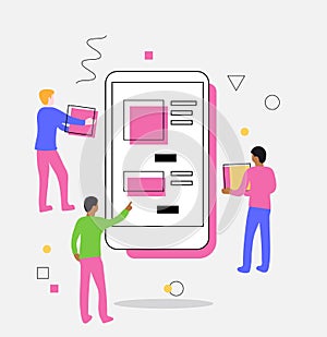 A person shows two people with boxes on the phone screen with app. Vector illustration of teamwork, delivery