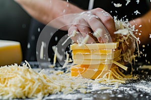 person shredding a stack of cheese for canteen toppings