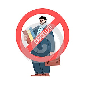 Person with sign of canceling, flat vector illustration isolated on background.