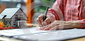 Person signing document at desk near house model sealing a real estate deal, home loan paperwork photo