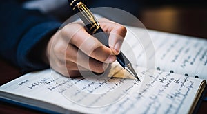 person signing a document, person writing on a notebook, close-up of bussinessman hand writing on a notebook with pen