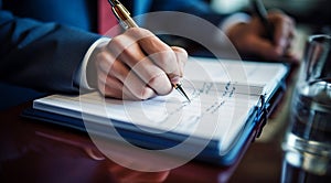 person signing a document, person writing on a notebook, close-up of bussinessman hand writing on a notebook with pen