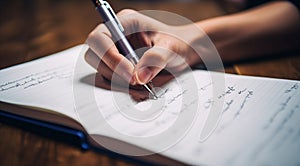 person signing a document, person writing on a notebook, close-up of bussinessman hand writing on a notebook with pen