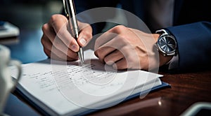 person signing a document, person writing on a notebook, close-up of bussinessman hand writing on a notebook with pen