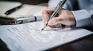 person signing a document, person writing on a notebook, close-up of bussinessman hand writing on a notebook with pen