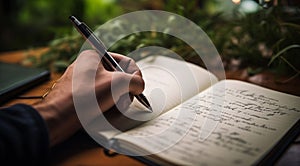 person signing a document, person writing on a notebook, close-up of bussinessman hand writing on a notebook with pen