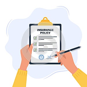 Person signs an insurance policy holding clipboard in hand. Man signature form. Claim form. Insurance policy on clipboard. Vector