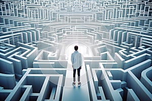 Person silhouette lost in digital maze. Labyrinth in cyberspace. Generative AI