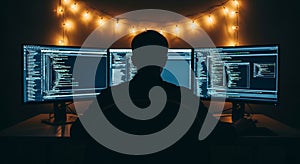 Silhouette of a person coding on multiple monitors in a dark room with string lights programmer computer