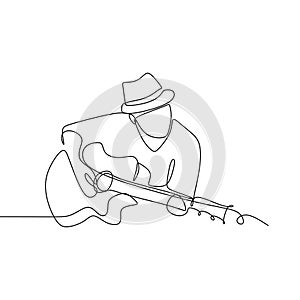 Person sing a song with acoustic jazz guitar continuous one line art drawing vector illustration minimalist design