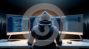 Person coding in a dark room with three monitors displaying computer code and a city skyline backdrop